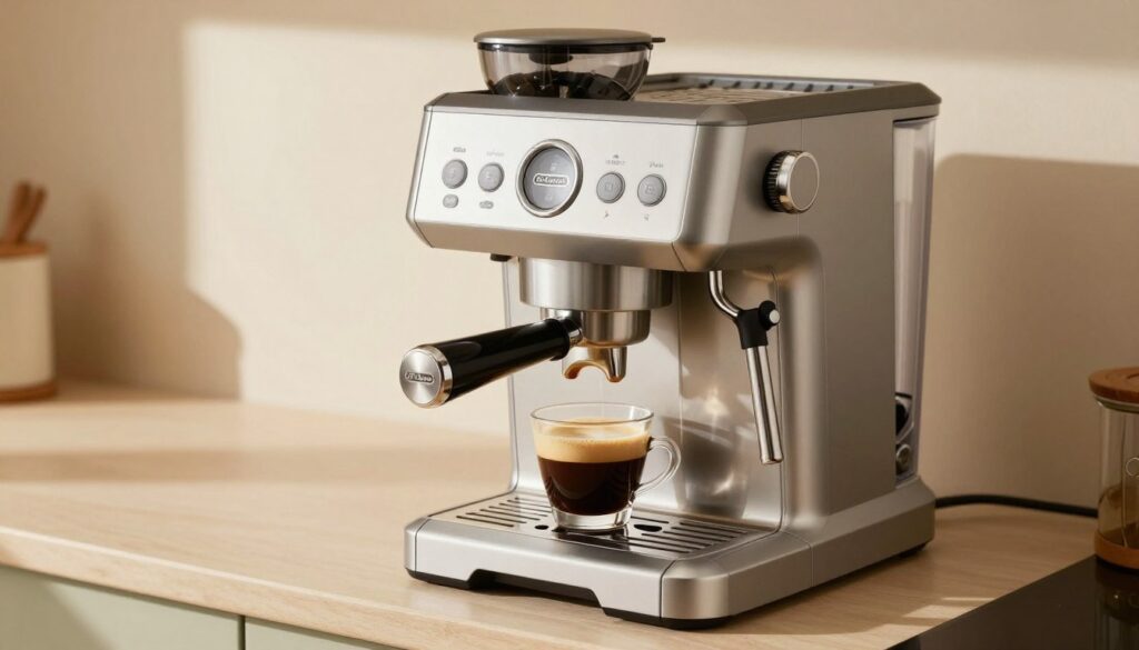 A De'Longhi espresso machine set on a sleek kitchen countertop, with the machine's settings clearly visible, showcasing the essential controls and buttons for a first-time user. In the foreground, highlight the machine's elegant design, focusing on the steaming wand and the coffee strength selector. The middle ground displays a freshly brewed espresso shot in a stylish cup, with rich crema on top. In the background, warm ambient kitchen lighting creates a welcoming atmosphere, while soft shadows cast by the morning sun enhance the scene. A clean and organized kitchen with minimalistic décor is visible, emphasizing the coffee-making experience. The overall mood is inviting and informative, perfect for guiding readers through the initial setup process.