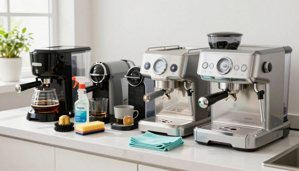 A bright, clean kitchen countertop featuring a variety of coffee machines: a drip coffee maker, a capsule machine, a traditional espresso machine, and a fully automatic espresso machine, all gleaming and freshly cleaned. In the foreground, a set of cleaning supplies such as brushes, descaling solution, and microfiber cloths. The middle of the scene showcases the machines, each neatly labeled with distinctive features visible, like steam wands and water reservoirs. The background includes a sunny window with green plants, enhancing the freshness of the scene. Soft, natural lighting highlights the cleanliness and functionality of the coffee machines. The mood is organized and serene, promoting a sense of care and maintenance for optimal coffee brewing experience.
