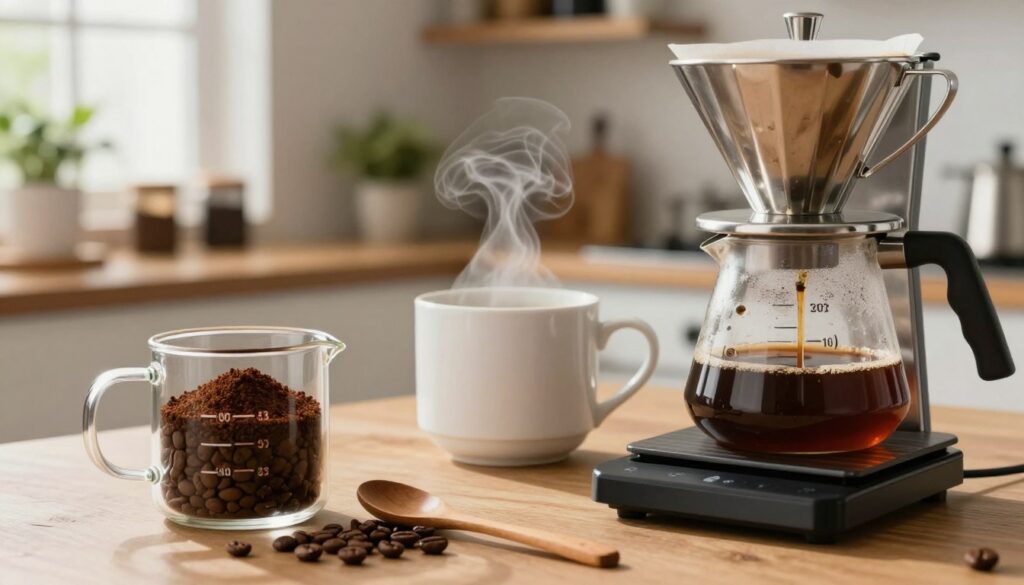 A carefully arranged scene of a coffee setup for a drip coffee maker. In the foreground, a clear glass measuring cup filled with freshly ground coffee beans sits next to an elegant, stainless steel coffee maker. The middle ground displays a bright, ceramic coffee mug filled with steaming, rich brown coffee, alongside a wooden spoon and a coffee scale for precise measurements. The background features a softly lit kitchen with wooden shelves displaying various coffee-related items and plants, creating a warm and inviting atmosphere. Natural light filters through a nearby window, highlighting the textures of the coffee grounds and the shine of the coffee machine, emphasizing the perfect brewing process for ideal flavor. The mood is cozy and inviting, ideal for coffee enthusiasts.
