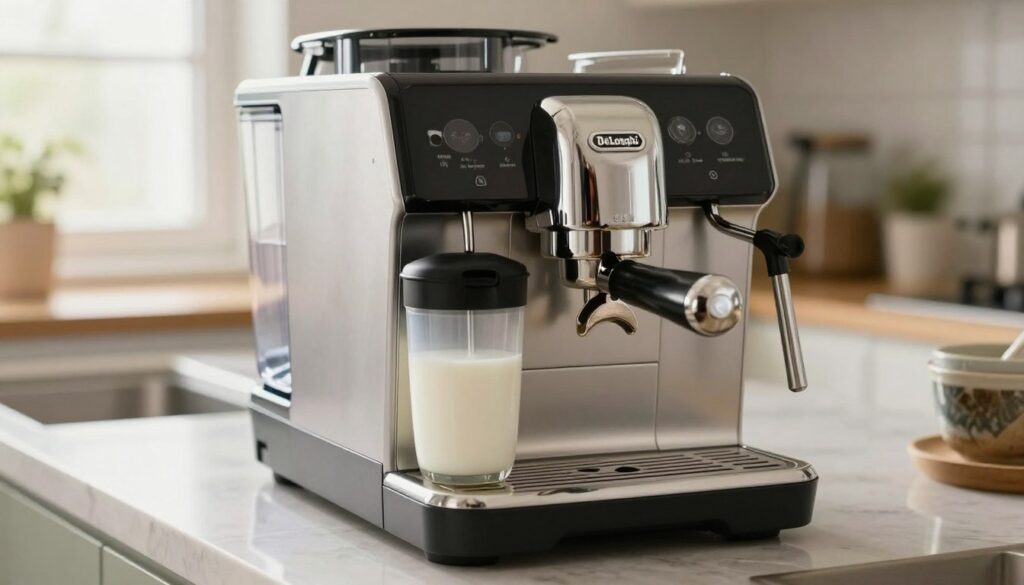 A clean and modern kitchen environment featuring a De'Longhi coffee machine prominently displayed on a sleek countertop. In the foreground, focus on the coffee machine's milk system components being cleaned, with shiny metal parts, delicate milk frother, and removable containers clearly showcased. In the middle, emphasize the filled water reservoir and freshly cleaned espresso brewing unit, with soft reflections highlighting their cleanliness. The background should include soft, natural lighting from a nearby window, creating a warm and inviting atmosphere. Use a shallow depth of field to keep the focus sharp on the intricate details of the cleaning process while softly blurring the kitchen decor. The overall mood should be fresh, organized, and professional, suggesting efficiency in coffee preparation.