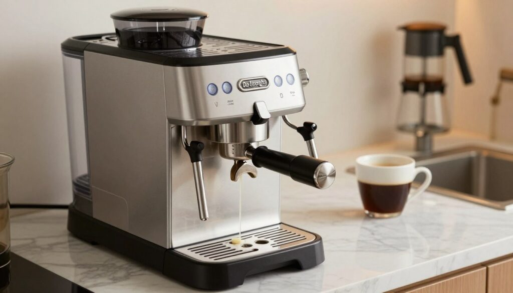 A clean, modern kitchen setting featuring a De'Longhi coffee machine on a marble countertop, prominently displayed in the foreground. The coffee machine should show signs of being actively descaled, with visible elements like descaling liquid and a guide or measuring cup nearby. In the middle ground, include a soft-focus view of coffee-making tools and a freshly brewed cup of coffee, implying the end result of the descaling process. The background should be softly lit, with warm light illuminating the kitchen, creating a cozy atmosphere. The angle should be slightly above eye level, capturing the coffee machine's details while conveying a sense of methodical care in the maintenance process.