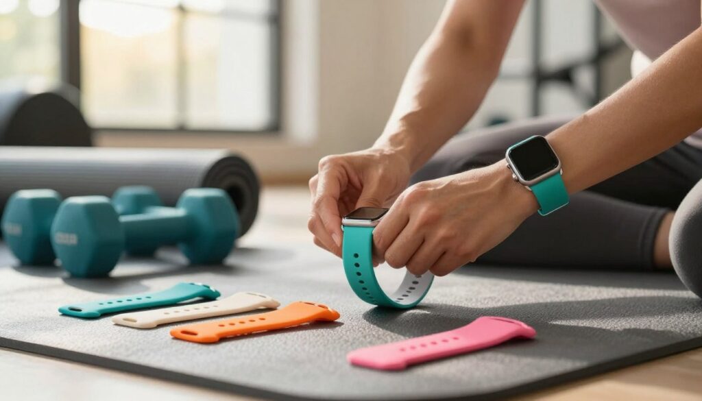 A close-up image of vibrant silicone smartwatch bands designed for active individuals. The foreground features a selection of colorful silicone bands in shades like teal, orange, and pink, displayed alongside fitness gear such as dumbbells and a yoga mat. In the middle, a pair of hands, dressed in modest, sporty attire, is adjusting one of the smartwatch bands on a sleek smartwatch. The background includes a softly blurred gym environment, with sunlight filtering through large windows, creating an energetic and motivating atmosphere. The image is captured with a shallow depth of field, highlighting the texture of the silicone bands while maintaining a warm and inviting lighting to emphasize activity and fitness.