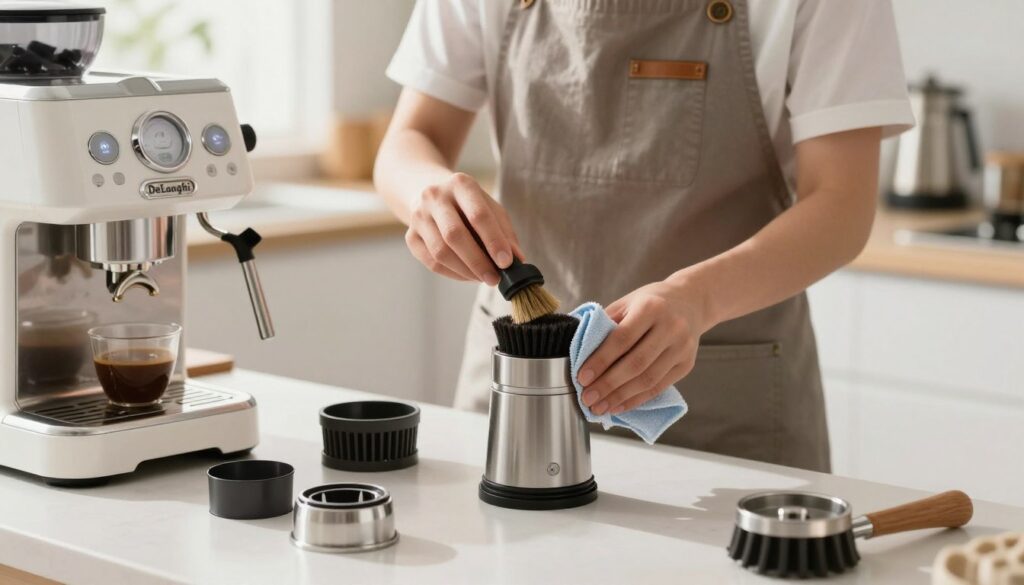 A close-up of a clean, modern De'Longhi coffee machine featuring a disassembled coffee grinder in the foreground, showcasing freshly cleaned grinder parts laid out neatly. In the middle, a person in a professional apron carefully handling the grinder components, demonstrating the cleaning process with a soft brush and a microfiber cloth. The background is a bright, inviting kitchen with natural light streaming in, highlighting a clean countertop and a stylish coffee setup. The atmosphere feels calm and focused, emphasizing the importance of maintaining coffee equipment for optimal flavor and longevity. The image captures the details of the cleaning tools, with soft shadows and a warm color palette.