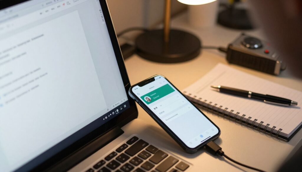 A close-up shot of a computer screen displaying a detailed troubleshooting interface, with a smartphone connected via USB cable. In the foreground, the smartphone's screen shows a diagnostic app in action, highlighting connection settings. The middle of the image features a cluttered desk with a notepad, a pen, and diagnostic tools, conveying a sense of urgency and focus. The background is softly blurred to emphasize the screen and phone, with warm overhead lighting creating an inviting atmosphere. Capture a professional, analytical mood, encouraging problem-solving and quick diagnostics with clean lines and subtle shadows, ideal for conveying the theme of technology troubleshooting.