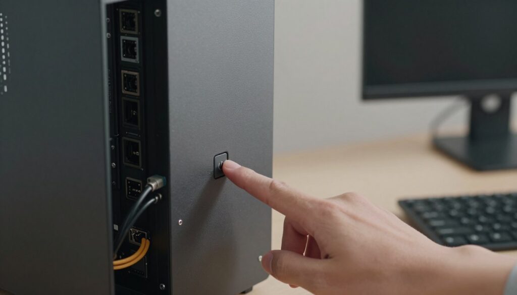 A close-up shot of a modern desktop computer, focused on the back panel where the power supply connections are visible. The computer casing is sleek and metallic, with evident ports and cables attached. In the foreground, a hand reaches to press a hidden power button on the power supply, conveying the method of turning on the computer without using the main power button. Soft, ambient lighting illuminates the scene, creating a calm and inviting atmosphere, while the background features a simple, neutral-colored workspace with a blurred monitor and keyboard, ensuring the focus remains on the computer. The angle is slightly tilted to add depth, enhancing the instructional intent of the image.