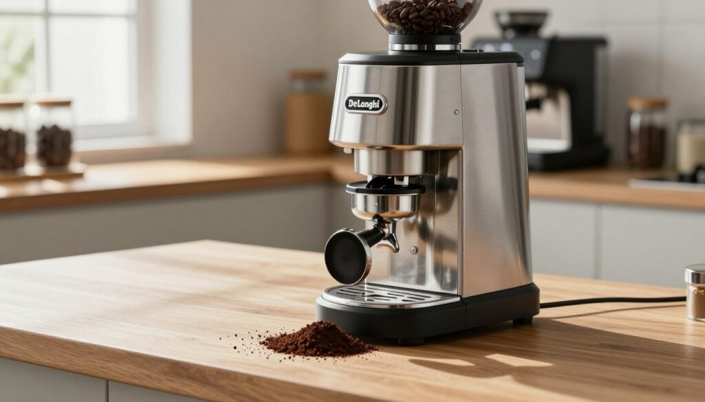 A close-up view of a De'Longhi coffee grinder in a modern kitchen setting, highlighting its sleek design and stainless steel finish. The grinder is partially disassembled, with coffee grounds spilling out onto a clean wooden countertop, emphasizing the process of cleaning. Bright, natural light streams in from a nearby window, creating soft shadows that enhance the textures of the grinder and surrounding elements. In the background, a tidy coffee station is visible, including a stylish coffee maker and neatly arranged coffee beans in glass jars. The mood is professional and informative, aiming to convey the importance of maintaining the coffee grinder for optimal performance and quality. The image focuses on the grinder alone, with no people present, ensuring a clear emphasis on the cleaning aspect.
