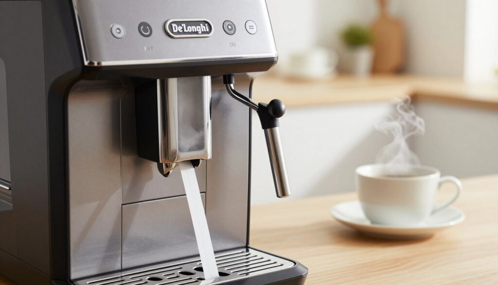 A close-up view of a De'Longhi coffee machine set in a modern kitchen environment, showcasing a water hardness testing strip being inserted into the water reservoir. The foreground highlights the detailed design of the coffee machine, emphasizing its sleek lines and finishes. In the middle, a blurred background of a bright kitchen with minimalistic decor and a coffee mug steaming nearby creates an inviting atmosphere. Soft, natural lighting illuminates the scene, casting gentle shadows. The angle presents the machine slightly from above to capture both the water hardness strip and the coffee machine controls clearly. The overall mood is warm and professional, suggesting the precision needed for perfect coffee brewing.