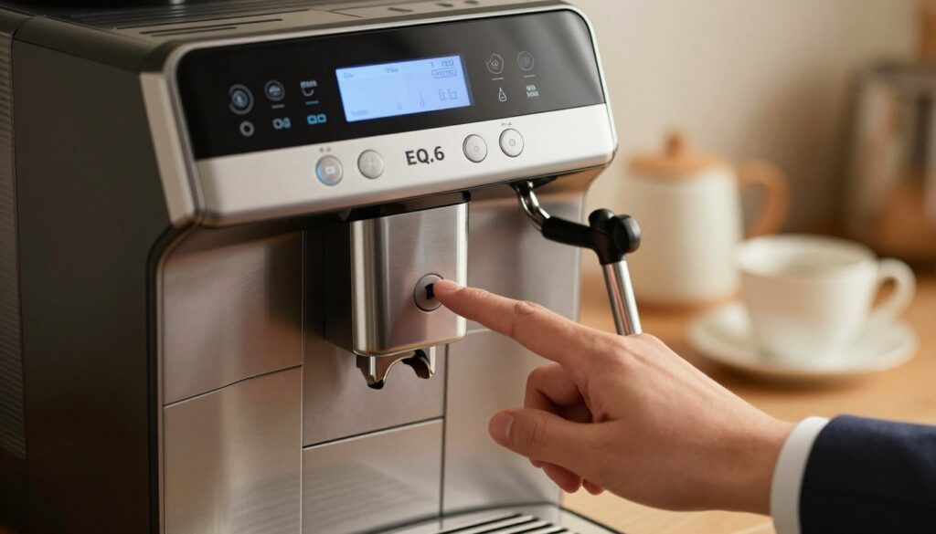 A close-up view of a Siemens EQ.6 coffee machine in the process of being unlocked, showcasing the intricate details of its buttons and display panel. In the foreground, a hand wearing a professional business attire is gently pressing the unlock button, emphasizing the action of unlocking. In the middle, the machine’s sleek design and shiny metal surfaces reflect soft, warm lighting, creating an inviting atmosphere. The background features a cozy kitchen setting with blurred elements like coffee mugs and a countertop, reinforcing the domestic environment. The overall mood is functional yet warm, highlighting the user-friendly nature of the coffee machine. The image should have a shallow depth of field, capturing both the details of the machine and the hand while softly blurring the background. A close-up view of a Siemens EQ.6 coffee machine in the process of being unlocked, showcasing the intricate details of its buttons and display panel. In the foreground, a hand wearing a professional business attire is gently pressing the unlock button, emphasizing the action of unlocking. In the middle, the machine’s sleek design and shiny metal surfaces reflect soft, warm lighting, creating an inviting atmosphere. The background features a cozy kitchen setting with blurred elements like coffee mugs and a countertop, reinforcing the domestic environment. The overall mood is functional yet warm, highlighting the user-friendly nature of the coffee machine. The image should have a shallow depth of field, capturing both the details of the machine and the hand while softly blurring the background.