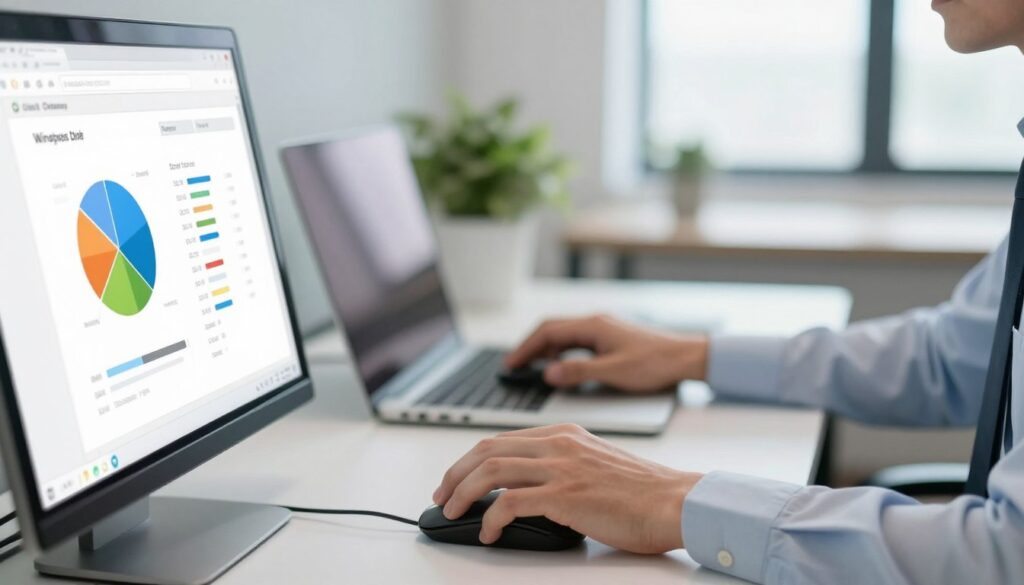 A close-up view of a computer screen displaying a Windows disk cleanup utility interface. The foreground features a focused view of colorful pie charts and file types being analyzed, with progress bars indicating file removal. In the middle ground, a pair of professional hands, clad in a neatly pressed business shirt, maneuvering a computer mouse over the screen. The background is softly blurred, showcasing a sleek, minimalist office environment with a tidy desk, a plant, and a window letting in natural light, creating a bright and professional atmosphere. The overall mood conveys efficiency and clarity, emphasizing the importance of decluttering digital space for smoother computer performance.