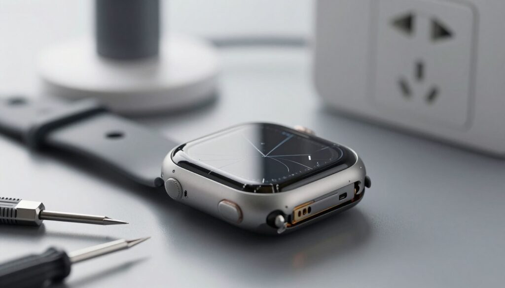 A close-up view of a damaged smartwatch lying on a sleek, reflective surface. The watch face shows cracks and scratches, with the back exposed to reveal damaged internal components. In the foreground, a few tools like a small screwdriver and tweezers rest beside the device, hinting at attempted repairs. The middle ground features a blurred background of a modern, minimalist charging station and a power outlet, slightly out of focus to direct attention to the damaged smartwatch. Soft, diffused lighting enhances the details of the damage while casting subtle shadows, creating a serious and cautionary atmosphere. The lens perspective is slightly angled, emphasizing the smartwatch while maintaining an overall professional look, suitable for an informative article section. No text or logos are included.