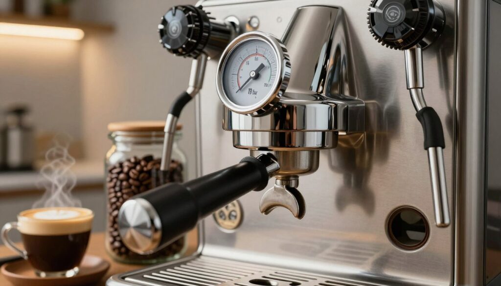 A close-up view of a high-end coffee machine displaying its pressure gauge, with the needle highlighting "15 bar" and "19 bar" settings. The foreground features sleek, polished stainless steel components, reflecting light dramatically to emphasize their modern design. In the middle ground, rich coffee beans in a glass jar are artfully arranged, alongside a steaming cup of coffee exhibiting a rich crema. The background is softly blurred, featuring a stylish kitchen setting with warm, inviting lighting emanating from overhead fixtures, creating an atmosphere of sophistication. The image evokes a sense of precision and quality, illustrating the intricacies of coffee-making pressure settings. A close-up view of a high-end coffee machine displaying its pressure gauge, with the needle highlighting "15 bar" and "19 bar" settings. The foreground features sleek, polished stainless steel components, reflecting light dramatically to emphasize their modern design. In the middle ground, rich coffee beans in a glass jar are artfully arranged, alongside a steaming cup of coffee exhibiting a rich crema. The background is softly blurred, featuring a stylish kitchen setting with warm, inviting lighting emanating from overhead fixtures, creating an atmosphere of sophistication. The image evokes a sense of precision and quality, illustrating the intricacies of coffee-making pressure settings.