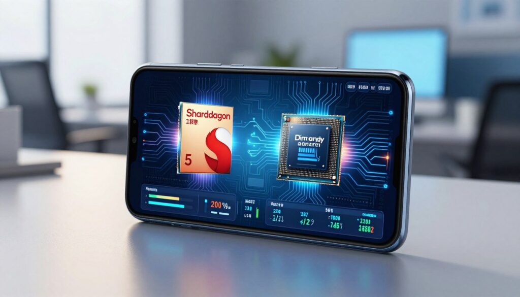 A close-up view of a modern smartphone with the Snapdragon and Dimensity processors artistically displayed. In the foreground, the smartphone screen showcases vibrant performance graphs and benchmarks. The middle ground features the two processors illustrated as high-tech circuit board designs with glowing elements, symbolizing speed and efficiency. The background includes a blurred office setting, filled with soft blue and white lighting to create a professional atmosphere. The light source is from the left, casting gentle shadows and highlights on the phone, giving it an elegant look. The overall mood is sleek and sophisticated, reflecting the theme of performance and technology in smartphones, suitable for an article on mobile device opinions. A close-up view of a modern smartphone with the Snapdragon and Dimensity processors artistically displayed. In the foreground, the smartphone screen showcases vibrant performance graphs and benchmarks. The middle ground features the two processors illustrated as high-tech circuit board designs with glowing elements, symbolizing speed and efficiency. The background includes a blurred office setting, filled with soft blue and white lighting to create a professional atmosphere. The light source is from the left, casting gentle shadows and highlights on the phone, giving it an elegant look. The overall mood is sleek and sophisticated, reflecting the theme of performance and technology in smartphones, suitable for an article on mobile device opinions.