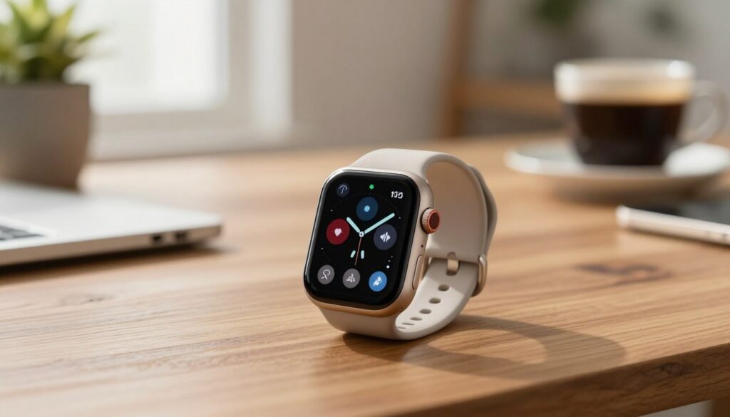 A close-up view of a modern smartwatch displayed on a polished wooden table, with a focus on its vibrant touch screen showcasing health and fitness features. Surrounding the smartwatch are small icons representing functionalities like heart rate monitoring, step tracking, and notifications, illustrated in a light, colorful way. In the background, softly blurred out, are elements of a cozy home office, such as a potted plant, a cup of coffee, and a notepad, creating a warm, inviting atmosphere. The lighting is soft and natural, with sunlight filtering through a window, enhancing the watch's sleek design. The angle is slightly tilted for a dynamic perspective, evoking a sense of thoughtful consideration and sophistication as one explores smartwatch options. A close-up view of a modern smartwatch displayed on a polished wooden table, with a focus on its vibrant touch screen showcasing health and fitness features. Surrounding the smartwatch are small icons representing functionalities like heart rate monitoring, step tracking, and notifications, illustrated in a light, colorful way. In the background, softly blurred out, are elements of a cozy home office, such as a potted plant, a cup of coffee, and a notepad, creating a warm, inviting atmosphere. The lighting is soft and natural, with sunlight filtering through a window, enhancing the watch's sleek design. The angle is slightly tilted for a dynamic perspective, evoking a sense of thoughtful consideration and sophistication as one explores smartwatch options.