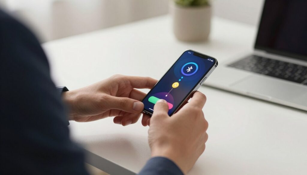 A close-up view of a modern smartwatch displaying a Bluetooth connection interface, seamlessly paired with a sleek smartphone. The smartwatch features a colorful, touch-sensitive screen showcasing the connection progress. In the foreground, a hand in a professional business suit interacts with the phone, highlighting convenience and connectivity. The middle layer captures a soft, blurred background of an office workspace with a minimalist aesthetic, featuring a desk and a laptop. The lighting is bright and natural, illuminating the smartwatch and phone with a warm, inviting glow. The overall mood conveys a sense of innovation and efficiency, ideal for demonstrating the step-by-step process of connecting a smartwatch to a phone.