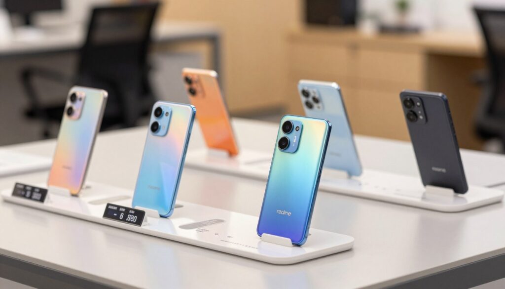 A close-up view of a variety of Realme smartphones displayed on a sleek, modern table, emphasizing their different models and colors, showcasing their unique designs. In the foreground, the phones are positioned at varying angles to illustrate their aesthetics. The middle ground contains a digital price tag next to each device, highlighting various price points in a clear, yet elegant manner. The background features a softly blurred office setting with a warm, inviting light that creates a professional atmosphere. A focus on natural lighting enhances the glossy finish of the smartphones, while a slight bokeh effect adds depth to the scene. The overall mood is informative yet appealing, suitable for an article on smartphone pricing and value. A close-up view of a variety of Realme smartphones displayed on a sleek, modern table, emphasizing their different models and colors, showcasing their unique designs. In the foreground, the phones are positioned at varying angles to illustrate their aesthetics. The middle ground contains a digital price tag next to each device, highlighting various price points in a clear, yet elegant manner. The background features a softly blurred office setting with a warm, inviting light that creates a professional atmosphere. A focus on natural lighting enhances the glossy finish of the smartphones, while a slight bokeh effect adds depth to the scene. The overall mood is informative yet appealing, suitable for an article on smartphone pricing and value.