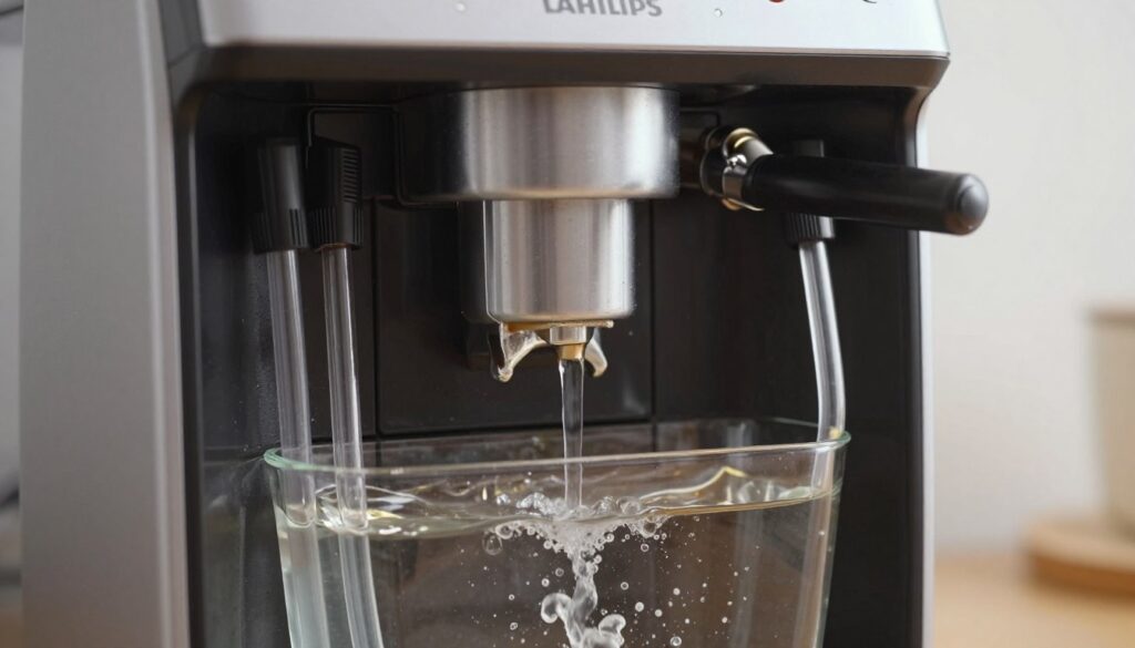 A close-up view of the water flow inside a Philips LatteGo coffee machine, showcasing the intricate inner mechanisms that regulate water and pressure. In the foreground, clear tubes filled with water show its movement, reflecting light to create a sense of dynamism. The middle section reveals detailed components like pumps and valves, emphasizing their role in the espresso-making process. The background features a slightly blurred machine exterior, highlighting a sleek, modern design and soft lighting that enhances the metallic and glass textures. The overall atmosphere is technical and educational, aimed at illustrating the precision and complexity involved in coffee brewing technology. The image should retain a professional, clean aesthetic without any text or annotations.