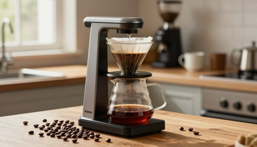 A coffee brewing setup featuring a "kawa przelewowa" machine, prominently displayed in the foreground. The machine should have a sleek, modern design with a glass carafe and a coffee filter holder. Fresh coffee beans of varying shades of brown scattered around, showcasing different roasts, with a focus on medium roast for optimal flavor. In the middle, a warm, inviting kitchen setting with wooden countertops and soft, natural lighting filtering in through a nearby window, casting gentle shadows. The background should include a coffee grinder and a selection of mugs, enhancing the atmosphere of a cozy coffee ritual. The overall mood should convey comfort and expertise, inviting viewers to appreciate the art of pour-over coffee.
