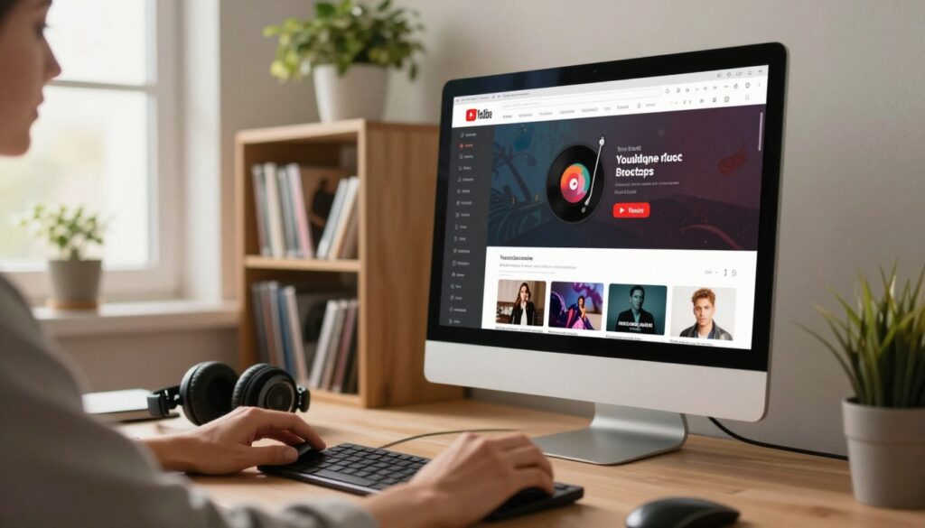 A cozy home office setup featuring a computer screen displaying a music streaming platform like YouTube. In the foreground, a pair of hands enthusiastically navigating the platform with a mouse, and a set of headphones resting on the desk. The middle ground shows a bookshelf filled with music CDs and a potted plant adding a touch of greenery. In the background, a window allows soft, warm daylight to illuminate the scene, creating a welcoming atmosphere. The image captures a sense of focus and productivity, emphasizing the act of downloading music safely and legally. Use a soft-focus lens for a slightly blurred background, highlighting the hands and computer screen. The overall mood is inviting and professional, showcasing the modern way to enjoy music.