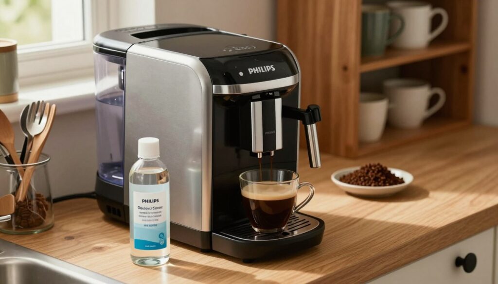 A cozy kitchen scene featuring a Philips coffee machine on a countertop, with a focus on the machine’s water reservoir partially filled with a descaling solution, illustrating the descaling process. In the foreground, a clear glass bottle of descaler sits next to the machine, while a small cup of coffee brews, showcasing the importance of maintaining the appliance. The middle layer includes coffee grounds and utensils neatly arranged around the machine, emphasizing a tidy workspace. The background hints at shelves filled with coffee mugs and a warm light coming from a window, creating a homey atmosphere. Soft, natural lighting enhances the scene, using a slightly elevated angle to capture everything in detail, conveying a sense of care and attentiveness to coffee-making rituals. A cozy kitchen scene featuring a Philips coffee machine on a countertop, with a focus on the machine’s water reservoir partially filled with a descaling solution, illustrating the descaling process. In the foreground, a clear glass bottle of descaler sits next to the machine, while a small cup of coffee brews, showcasing the importance of maintaining the appliance. The middle layer includes coffee grounds and utensils neatly arranged around the machine, emphasizing a tidy workspace. The background hints at shelves filled with coffee mugs and a warm light coming from a window, creating a homey atmosphere. Soft, natural lighting enhances the scene, using a slightly elevated angle to capture everything in detail, conveying a sense of care and attentiveness to coffee-making rituals.