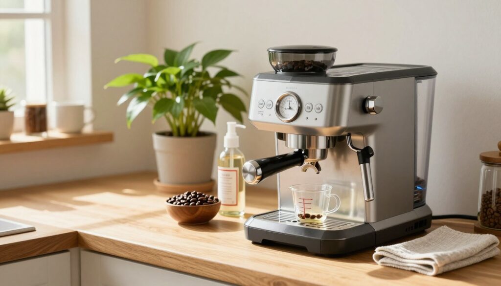 A cozy kitchen setting, filled with warm, natural light streaming through a window. In the foreground, a meticulously cleaned coffee machine sits on a wooden countertop, surrounded by essential descaling tools like a vinegar bottle, measuring cup, and a clean cloth. The middle ground features a vibrant green houseplant and a bowl of fresh coffee beans, adding to the domestic atmosphere. In the background, soft-focus shelves display various coffee accessories, enhancing the ambiance. The image conveys a sense of calm and order, perfect for illustrating the easy and safe home method of descaling a coffee machine. Use soft lighting to create gentle shadows and a welcoming mood, captured from a slightly elevated angle to emphasize the workspace.