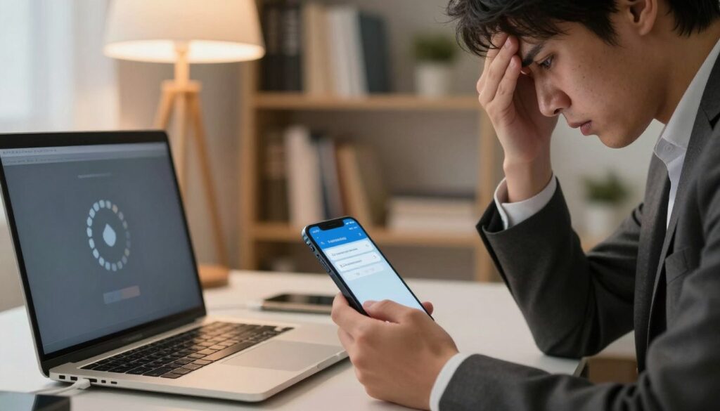 A detailed close-up of a frustrated person sitting at a desk, trying to transfer photos from an iPhone to a computer. The foreground features the person, dressed in professional attire, using a cable to connect the devices, their expression showing stress and confusion. In the middle ground, the iPhone screen displays an error message related to the transfer process, with a laptop open beside it, showing a spinning loading icon. The background is softly blurred, depicting a typical home office setup with bookshelves and a soft lamp providing ambient lighting. The mood reflects a sense of challenge, highlighting common transfer issues, with warm tones emphasized by the desk lamp casting a gentle glow, creating a professional yet relatable atmosphere.