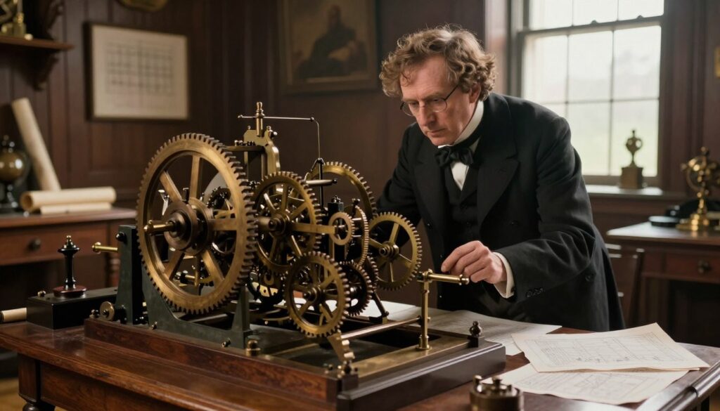 A detailed depiction of Charles Babbage's Analytical Engine in a historical setting. In the foreground, highlight the intricate gears, levers, and mechanical components of the machine, showcasing its Victorian-era craftsmanship. The middle ground features Babbage, dressed in period-appropriate attire, studying the machine intently, with papers and blueprints scattered around him. The background is a softly lit, wood-paneled room filled with scrolls, mathematical instruments, and a large window letting in warm, diffused light, creating a scholarly atmosphere. Use an angle that captures the machine's grandeur and complexity, emphasizing the depth of field to add a three-dimensional feel. The overall mood should be one of innovation and discovery, reflecting the pioneering spirit of early computing. A detailed depiction of Charles Babbage's Analytical Engine in a historical setting. In the foreground, highlight the intricate gears, levers, and mechanical components of the machine, showcasing its Victorian-era craftsmanship. The middle ground features Babbage, dressed in period-appropriate attire, studying the machine intently, with papers and blueprints scattered around him. The background is a softly lit, wood-paneled room filled with scrolls, mathematical instruments, and a large window letting in warm, diffused light, creating a scholarly atmosphere. Use an angle that captures the machine's grandeur and complexity, emphasizing the depth of field to add a three-dimensional feel. The overall mood should be one of innovation and discovery, reflecting the pioneering spirit of early computing.
