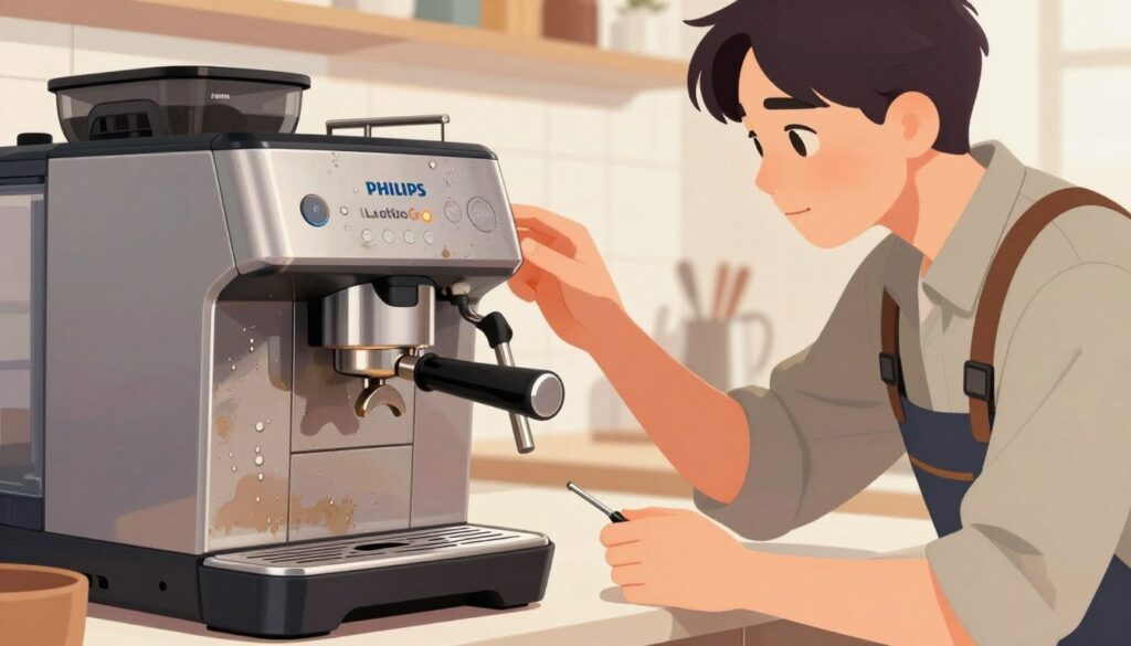 A detailed illustration depicting a coffee machine service scenario. In the foreground, a sleek coffee machine with a Philips LatteGo design, showing signs of wear like water stains or a blinking trouble light, indicating it needs service. In the middle ground, a professional technician in smart casual attire is inspecting the machine, holding a tool in one hand and looking thoughtfully at it. In the background, a well-lit, modern kitchen setting with bright lighting and a clean countertop. Soft, warm colors create a comforting, focused atmosphere, emphasizing the importance of timely maintenance and the role of professional service. The angle should be slightly tilted, capturing the technician's concentration and the machine's details.