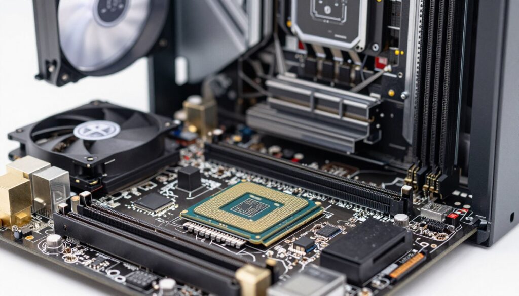 A detailed overview of key computer components within a central processing unit. In the foreground, showcase a computer motherboard with clearly visible elements such as the CPU, RAM slots, and power connectors. In the middle, include elements like the graphics card, cooling fans, and various chipsets, highlighting their intricate designs and textures. The background should feature a close-up of a computer casing, emphasizing its sleek design and ventilation grilles, softly blurred to maintain focus on the components. Use bright, even lighting to illuminate the details, with a slight shine on the metal parts. Capture the scene with a macro lens for a detailed perspective that invites viewers to appreciate the complexity of modern computing technology. The mood should be informative and engaging, encouraging curiosity about the inner workings of a computer.