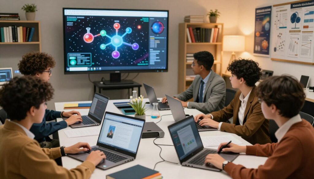 A dynamic and vibrant scene depicting the use of computers in education and science. In the foreground, a diverse group of students, dressed in smart casual attire, collaborate around a table filled with laptops and digital devices, showcasing various educational programs. In the middle background, a virtual classroom is portrayed with a large digital screen displaying scientific simulations, such as chemical reactions and astronomical phenomena. The background features shelves lined with books and scientific posters. Soft, warm lighting creates an inviting and inspiring atmosphere, emphasizing a sense of innovation and discovery. The scene is captured from a slightly elevated angle, giving a comprehensive view of the interaction and learning environment.