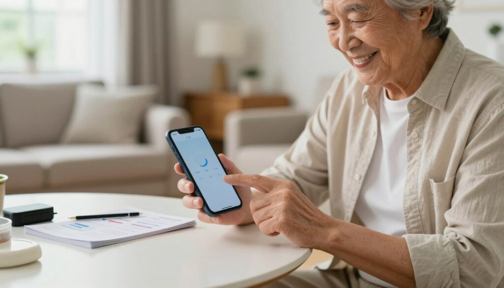 A friendly and inviting scene featuring a senior citizen in a brightly lit room, comfortably interacting with a user-friendly smartphone. In the foreground, the individual, dressed in neat, modest casual clothing, is smiling and tapping the device, showcasing its simplicity and accessibility. In the middle ground, a table holds the smartphone alongside easily readable manuals and accessories, symbolizing ease of use. The background depicts a cozy living room with soft, natural lighting filtering through a nearby window, creating a warm and welcoming atmosphere. The overall mood is one of empowerment and satisfaction, emphasizing the smartphone's design tailored for seniors, making technology approachable and enjoyable.