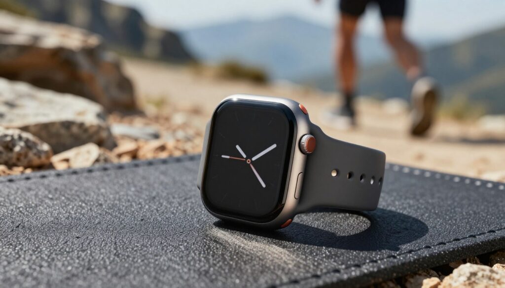 A high-resolution image of an Apple Watch Ultra prominently displayed on a rugged outdoor surface, such as a rocky terrain or gym mat, emphasizing its durable design. The watch is angled to showcase its sleek screen and functional features, with the light catching its metallic finish. In the background, a blurred scene of an outdoor activity, like a mountain climb or a challenging trail run, hints at its sporty capabilities. The setting is bright and sunny, highlighting the watch’s visibility in various extreme conditions. Capture the essence of adventure and fitness, evoking a mood of determination and performance.