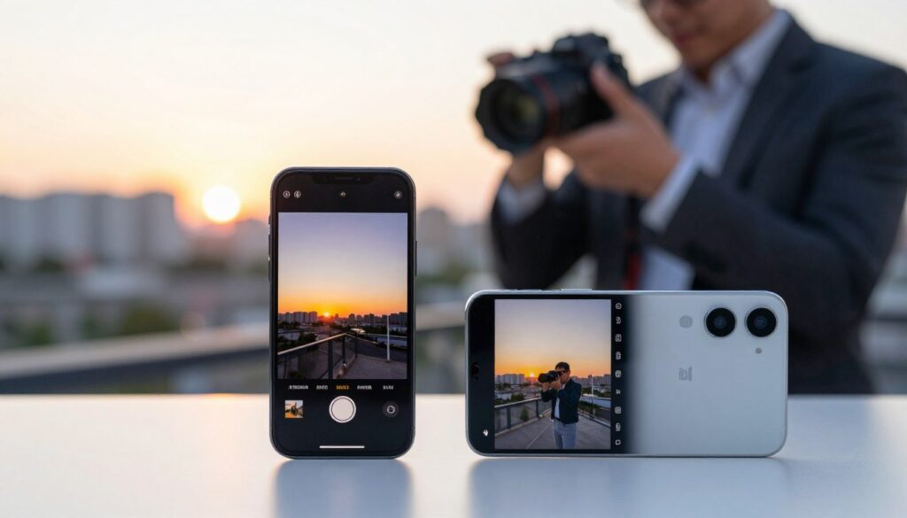 A high-tech comparison scene showcasing smartphone cameras and video features. In the foreground, two modern smartphones, one being an iPhone and the other a flagship Android device, are placed side by side on a clean white surface. Each phone displays high-resolution images captured with its camera, highlighting their photography capabilities. The middle background features a blurred outdoor scene, illustrating a vibrant sunset and urban landscape, emphasizing the cameras in action. Soft, natural lighting cascades from the left, creating warmth and depth. A professional photographer in business attire is in the background, adjusting camera settings on their smartphone, enhancing the atmosphere of creativity and expertise. The overall mood is professional and innovative, focusing on technology's impact on photography and videography.