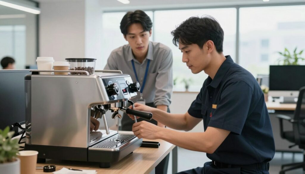A mobile coffee machine repair service in action, focusing on a technician in a professional business outfit, skillfully working on an espresso machine at a corporate office. In the foreground, the technician is crouched beside a sleek, modern espresso machine, tools neatly arranged around them. In the middle, an intrigued office employee watches attentively, leaning against a stylish desk with coffee-related materials. The background features a bright, contemporary office space with large windows allowing natural light to flood in. The atmosphere is professional and efficient, conveying a sense of prompt service. Soft lighting enhances the sense of reliability and skill, while a slight depth of field gives prominence to the technician and machine. A mobile coffee machine repair service in action, focusing on a technician in a professional business outfit, skillfully working on an espresso machine at a corporate office. In the foreground, the technician is crouched beside a sleek, modern espresso machine, tools neatly arranged around them. In the middle, an intrigued office employee watches attentively, leaning against a stylish desk with coffee-related materials. The background features a bright, contemporary office space with large windows allowing natural light to flood in. The atmosphere is professional and efficient, conveying a sense of prompt service. Soft lighting enhances the sense of reliability and skill, while a slight depth of field gives prominence to the technician and machine.