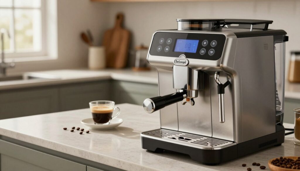 A modern De'Longhi coffee machine, elegantly designed with a sleek metallic finish, occupies the foreground. The machine features a digital interface, buttons, and a steaming wand. In the middle ground, a stylish kitchen countertop is adorned with freshly brewed espresso cups and scattered coffee beans, adding warmth to the scene. The background reveals a cozy kitchen setting with soft morning light filtering through a window, highlighting the contemporary cabinetry and a cutting board with coffee accessories. The mood is inviting and practical, emphasizing the home environment where users can learn to unblock their coffee machine. Shot with a wide-angle lens, the image captures detail and clarity, ensuring the focus remains on the coffee machine and its surroundings without distractions.