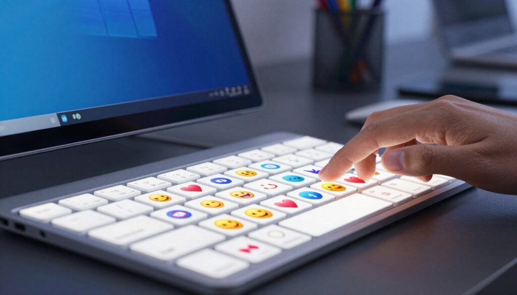 A modern Windows touchscreen keyboard interface prominently displaying various colorful emoji icons. In the foreground, a close-up view of the touch keyboard with vibrant emoji symbols like smiley faces, hearts, and animals, showcasing the variety available in Windows 8, 8.1, and 10. The middle ground features a hand gently tapping one of the emoji buttons, illustrating user interaction. The background should softly blend into a sleek, contemporary office environment with dim ambient lighting, emphasizing a productive atmosphere. The scene is captured in a slightly angled perspective to create depth, with a focus on vibrant color contrasts and a smooth, polished finish to the keyboard. The overall mood is informative and engaging, highlighting the ease of accessing emoji in Windows.