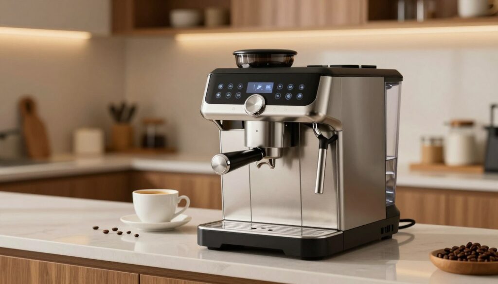 A modern coffee machine displayed prominently in a well-lit kitchen setting. In the foreground, the sleek coffee machine stands out, showcasing its polished stainless steel finish and intuitive control panel. The middle ground features a countertop with a coffee cup and scattered coffee beans, emphasizing the machine's purpose. The background reveals a cozy kitchen ambiance, including cabinetry and soft, warm lighting that creates an inviting mood. The image captures various angles of the machine, highlighting the water reservoir positioned at the front, making it accessible and user-friendly. The overall atmosphere should convey a sense of comfort and practicality, suitable for coffee enthusiasts looking for an ergonomic design. A modern coffee machine displayed prominently in a well-lit kitchen setting. In the foreground, the sleek coffee machine stands out, showcasing its polished stainless steel finish and intuitive control panel. The middle ground features a countertop with a coffee cup and scattered coffee beans, emphasizing the machine's purpose. The background reveals a cozy kitchen ambiance, including cabinetry and soft, warm lighting that creates an inviting mood. The image captures various angles of the machine, highlighting the water reservoir positioned at the front, making it accessible and user-friendly. The overall atmosphere should convey a sense of comfort and practicality, suitable for coffee enthusiasts looking for an ergonomic design.