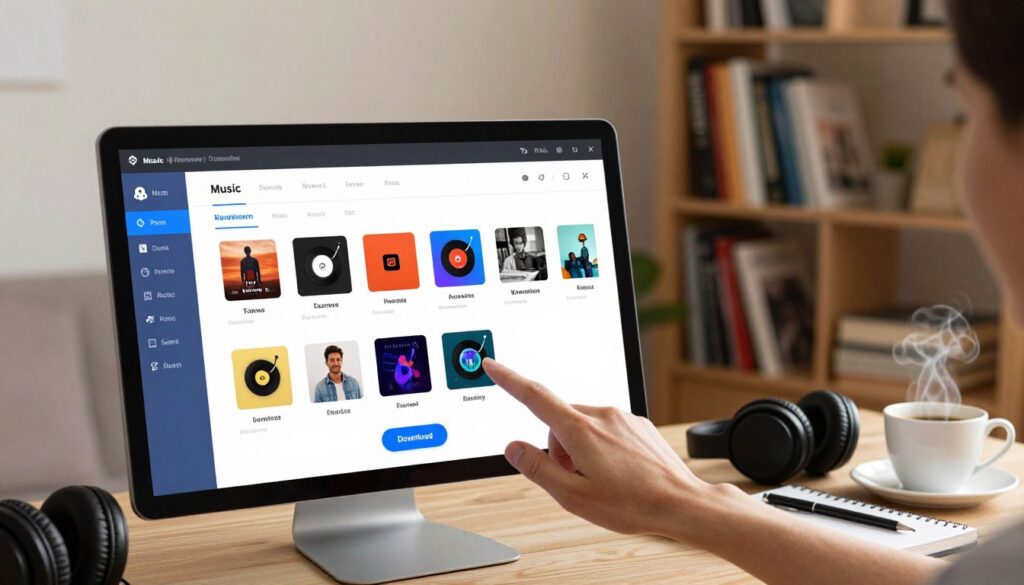 A modern computer screen displays a user-friendly music downloading software interface, featuring vibrant icons representing various audio formats. The foreground includes a hand reaching towards the screen, poised to click on a ‘Download’ button. In the middle ground, a neatly arranged desk showcases headphones, a notebook, and a steaming cup of coffee, evoking a relaxed yet productive work environment. The background reveals a softly lit room with warm lighting, highlighting a bookshelf filled with music and technology books. The overall mood is focused and inviting, reflecting a sense of creativity and exploration in downloading music safely and legally. The scene is captured with a shallow depth of field, emphasizing the software interface while softly blurring the background details.