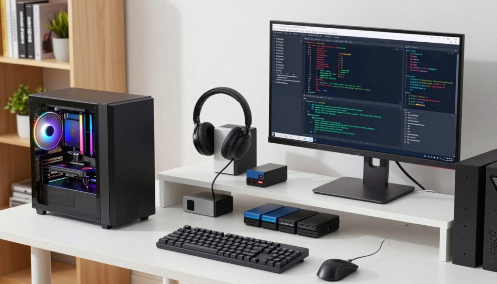 A modern computer workstation filled with high-quality computer hardware and peripherals. In the foreground, a sleek, powerful desktop computer with a vibrant LED-lit tower, surrounded by a mechanical keyboard and a large, high-resolution monitor displaying dynamic graphs and code. The middle layer features a collection of essential equipment such as a mouse, headset, and external hard drives, each showcasing a clean, professional design. In the background, a softly lit, minimalist office setting with a bookshelf containing tech manuals and plants adds warmth to the scene. The atmosphere is focused and efficient, suggesting a productive workspace for work, learning, and entertainment. Use bright, natural lighting with a slight depth of field to emphasize the equipment.