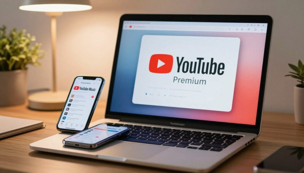 A modern digital workspace featuring a sleek laptop displaying the YouTube Premium logo on the screen, symbolizing offline music downloading. In the foreground, a smartphone rests beside the laptop, showcasing the YouTube Music app interface. The scene is illuminated by soft, warm lighting that creates an inviting atmosphere, with slight reflections on the laptop screen suggesting activity. In the background, there are subtle hints of home decor, like a potted plant and a stylish desk lamp, enhancing a cozy and productive environment. The focus is clear and sharp, conveying a sense of ease and accessibility related to music downloads from YouTube Premium. A modern digital workspace featuring a sleek laptop displaying the YouTube Premium logo on the screen, symbolizing offline music downloading. In the foreground, a smartphone rests beside the laptop, showcasing the YouTube Music app interface. The scene is illuminated by soft, warm lighting that creates an inviting atmosphere, with slight reflections on the laptop screen suggesting activity. In the background, there are subtle hints of home decor, like a potted plant and a stylish desk lamp, enhancing a cozy and productive environment. The focus is clear and sharp, conveying a sense of ease and accessibility related to music downloads from YouTube Premium.