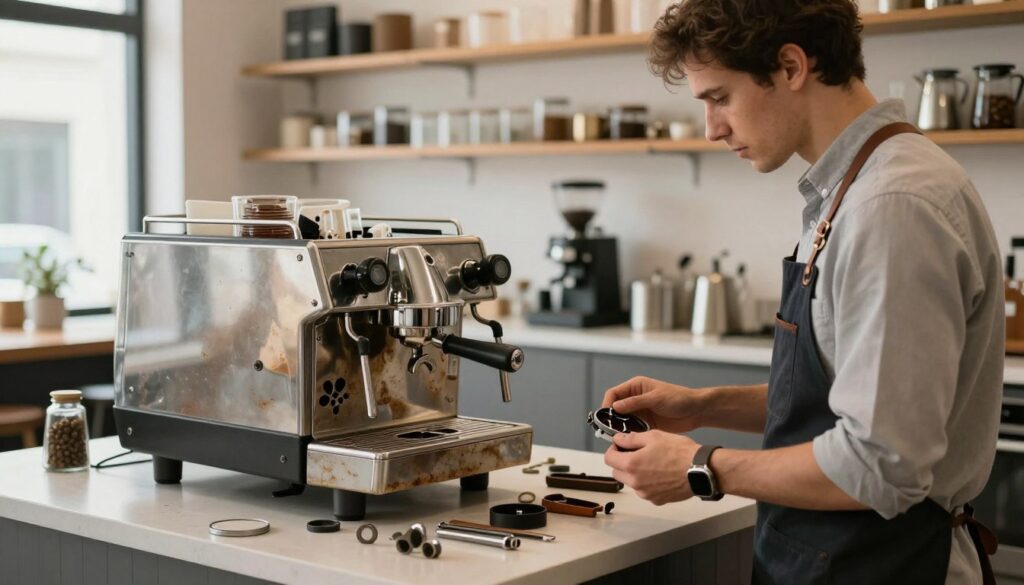 A modern kitchen scene featuring a barista examining a worn-out coffee machine on a countertop. In the foreground, the barista, dressed in professional business attire, holds tools and parts, contemplating whether to repair or replace the machine. In the middle, the coffee machine is partially disassembled, with visible components laid out neatly beside it, symbolizing the decision-making process. The background includes shelves lined with various coffee-making equipment and an inviting coffee shop atmosphere, softly lit by natural light streaming through a window. The mood conveys a sense of careful consideration, emphasizing the importance of evaluating repair versus replacement options for coffee machines.