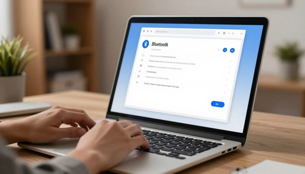 A modern laptop screen displaying the Bluetooth settings interface in Windows. In the foreground, focus on the screen with a clear view of the Bluetooth toggle switch elegantly highlighted in blue, indicating it is in the "On" position. The middle layer features a user’s hands, cast in a professional, business attire, engaging with the laptop keyboard. The background subtly shows a cozy home office with soft, warm lighting, including a blurred bookshelf and a potted plant to create a welcoming atmosphere. The overall mood feels productive and tech-savvy, enhancing the theme of connecting devices wirelessly. Soft shadows add depth, and the image captures a slight angle to showcase the screen better, ensuring clarity without distractions.