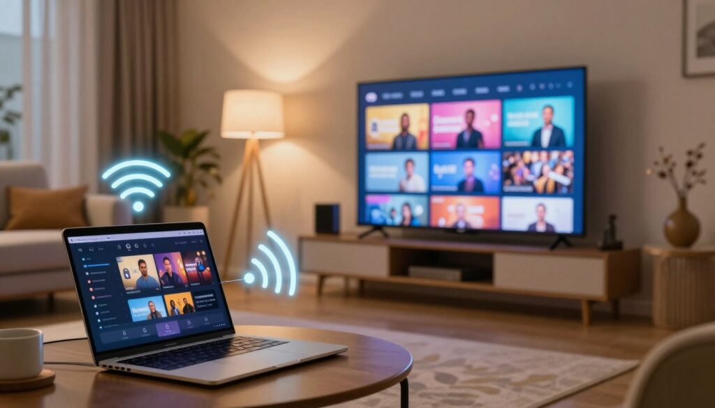A modern living room scene featuring a laptop and a television seamlessly connected, illustrating the concept of wireless technology integration. In the foreground, a sleek laptop with a clear display shows a screen mirroring interface, while in the middle, a large flat-screen TV displays vibrant streaming content. The devices are connected through visible wireless signals represented by glowing lines or waves to emphasize connectivity issues. Soft ambient lighting enhances the cozy yet tech-savvy atmosphere, with warm tones illuminating the space. In the background, a comfortable couch and decorative elements add to the inviting environment. Use a wide-angle lens perspective to capture the entire room, focusing on the devices and their connection, reflecting a problem-solving mood suitable for discussing common wireless connection issues. A modern living room scene featuring a laptop and a television seamlessly connected, illustrating the concept of wireless technology integration. In the foreground, a sleek laptop with a clear display shows a screen mirroring interface, while in the middle, a large flat-screen TV displays vibrant streaming content. The devices are connected through visible wireless signals represented by glowing lines or waves to emphasize connectivity issues. Soft ambient lighting enhances the cozy yet tech-savvy atmosphere, with warm tones illuminating the space. In the background, a comfortable couch and decorative elements add to the inviting environment. Use a wide-angle lens perspective to capture the entire room, focusing on the devices and their connection, reflecting a problem-solving mood suitable for discussing common wireless connection issues.