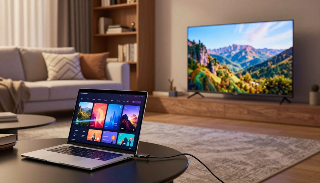 A modern living room showcasing a sleek flat-screen television connected to a laptop via an HDMI cable. In the foreground, the laptop's screen displays a vibrant multimedia interface, reflecting the connection process, while the television shows a crisp image of a scenic landscape. In the middle, a comfortable sofa with decorative cushions provides a cozy atmosphere, inviting viewers to visualize the setup. The background features a stylish bookshelf and soft ambient lighting that creates a warm, inviting mood. The scene is shot with a slightly elevated angle to emphasize the connection, with soft shadows enhancing depth. The overall atmosphere conveys simplicity and technology, ideal for illustrating the ease and stability of connecting a computer to a television using HDMI. A modern living room showcasing a sleek flat-screen television connected to a laptop via an HDMI cable. In the foreground, the laptop's screen displays a vibrant multimedia interface, reflecting the connection process, while the television shows a crisp image of a scenic landscape. In the middle, a comfortable sofa with decorative cushions provides a cozy atmosphere, inviting viewers to visualize the setup. The background features a stylish bookshelf and soft ambient lighting that creates a warm, inviting mood. The scene is shot with a slightly elevated angle to emphasize the connection, with soft shadows enhancing depth. The overall atmosphere conveys simplicity and technology, ideal for illustrating the ease and stability of connecting a computer to a television using HDMI.