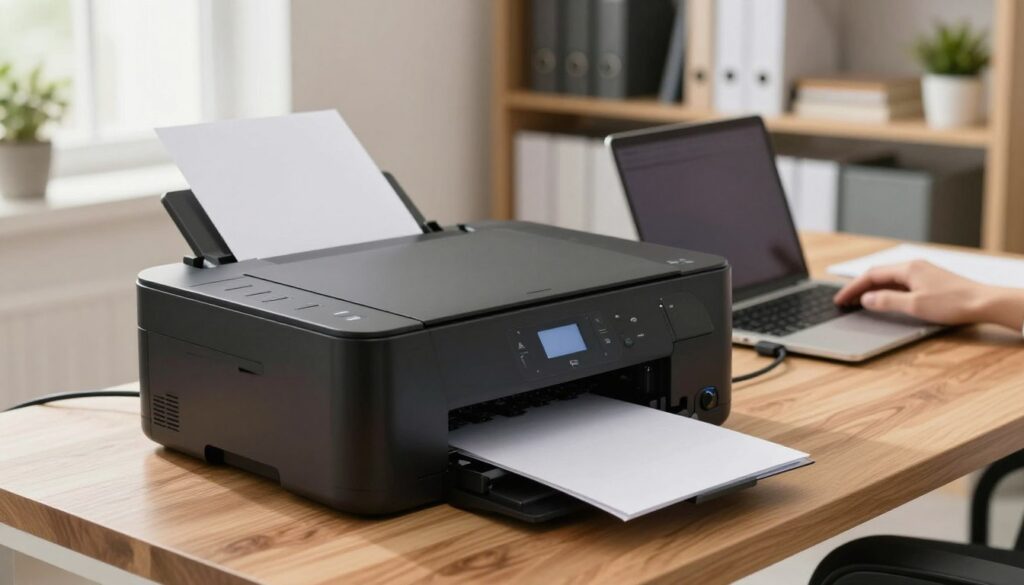 A modern office setting featuring a sleek black printer placed on a wooden desk. In the foreground, show the printer with its paper tray partially extended, displaying crisp white sheets ready for printing. The middle ground includes a laptop connected to the printer via a USB cable, with a hand poised over the laptop keyboard, symbolizing the setup process. The background features a well-lit, organized workspace, complete with a bookshelf filled with office supplies and a small potted plant. Soft, natural light filters through a nearby window, creating a warm, inviting atmosphere. The composition should focus on clarity and professionalism, capturing the essence of preparing a printer and computer for installation.