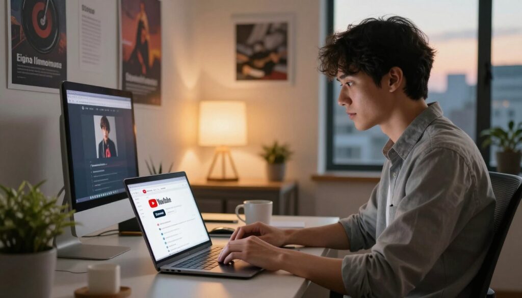 A modern office setting featuring a young professional in smart casual attire, sitting at a sleek computer desk. In the foreground, the individual, with focused expression, is using a laptop displaying the YouTube interface with a “Download” button highlighted. The middle layer showcases a cozy workspace, including inspiring posters about music and technology, a potted plant, and a coffee mug. In the background, soft warm lighting casts an inviting glow, with a window overlooking a cityscape at dusk. The atmosphere conveys a sense of productivity and creative energy, emphasizing the legal and easy methods of downloading music through YouTube Premium. The overall mood is professional and motivational, encouraging the viewer to explore digital music downloading responsibly. A modern office setting featuring a young professional in smart casual attire, sitting at a sleek computer desk. In the foreground, the individual, with focused expression, is using a laptop displaying the YouTube interface with a “Download” button highlighted. The middle layer showcases a cozy workspace, including inspiring posters about music and technology, a potted plant, and a coffee mug. In the background, soft warm lighting casts an inviting glow, with a window overlooking a cityscape at dusk. The atmosphere conveys a sense of productivity and creative energy, emphasizing the legal and easy methods of downloading music through YouTube Premium. The overall mood is professional and motivational, encouraging the viewer to explore digital music downloading responsibly.
