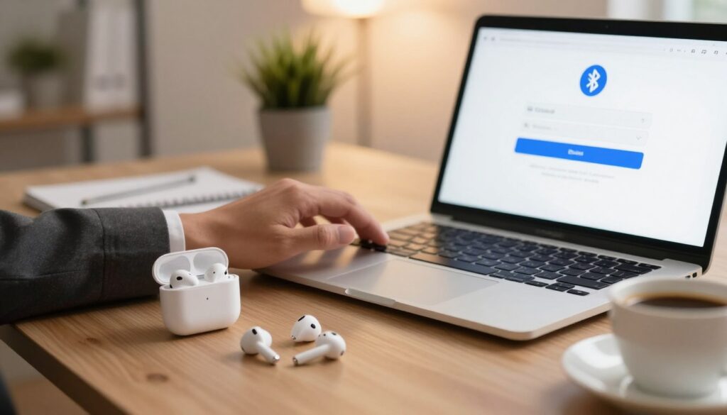 A modern office setting with a focus on a laptop screen displaying a Bluetooth pairing interface. In the foreground, a pair of wireless earbuds is placed next to the laptop, symbolizing the Bluetooth devices being paired. In the middle ground, a hand of a professional dressed in smart casual attire interacts with the laptop. The background features a softly lit workspace with subtle details like a potted plant and a cup of coffee to create a calm, productive atmosphere. Use warm, inviting lighting to enhance the mood, and employ a shallow depth of field to emphasize the Bluetooth devices and laptop interface. The angle should be slightly above eye level, providing a clear view of the pairing process, while keeping the overall composition clean and organized.