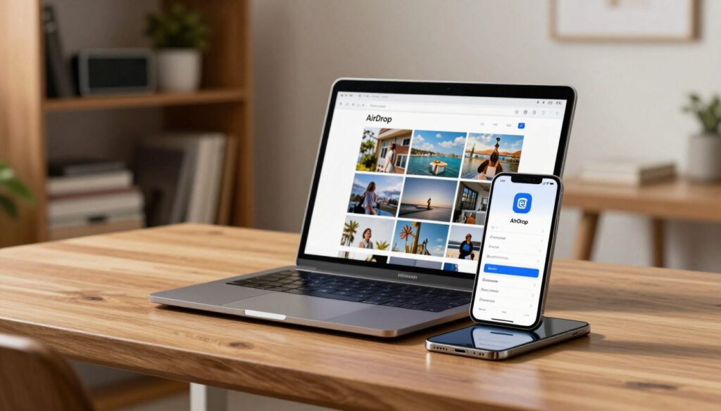 A modern, sleek Apple MacBook and an iPhone are positioned on a stylish wooden desk in a well-lit home office. The iPhone screen displays the AirDrop interface, showcasing a selection of photos ready to transfer. The background features a softly blurred bookshelf filled with tech devices and books, creating a cozy yet professional atmosphere. Warm, natural light floods the scene, highlighting the metallic finish of the devices. The angle is slightly elevated, capturing both devices and emphasizing their seamless connection. The mood is efficient and tech-savvy, ideal for illustrating a quick and simple transfer of photos without cables.