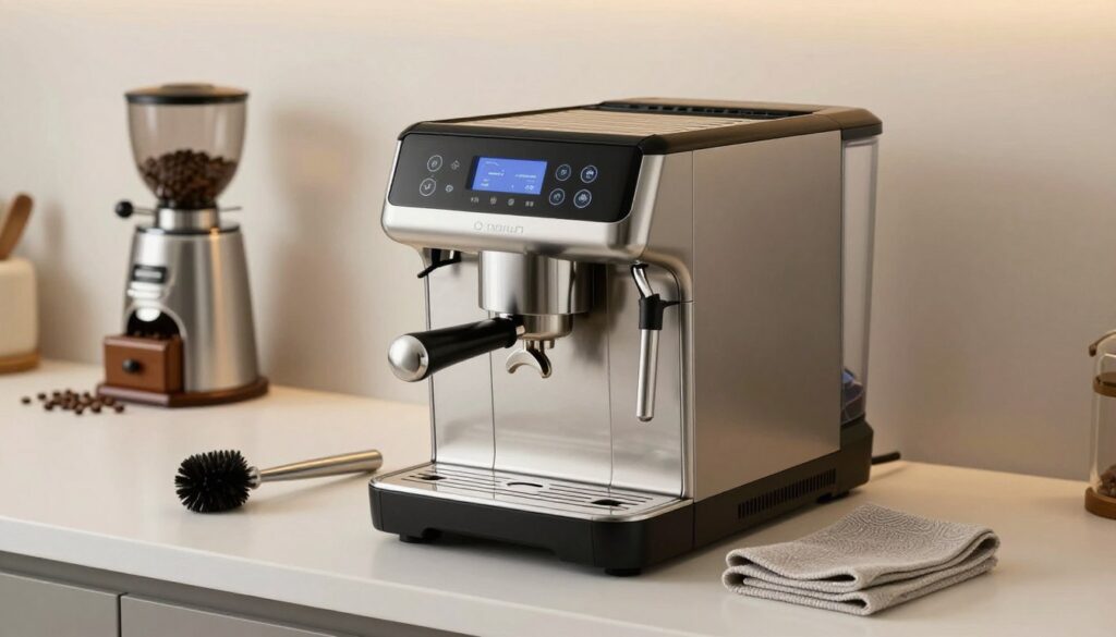 A modern, sleek automatic coffee machine is the focal point, positioned on a clean, minimalist kitchen countertop. The machine gleams under soft, warm lighting, showcasing its stainless steel finish and intuitive control panel. In the foreground, a set of cleaning tools like a brush and cloth are neatly arranged beside the coffee machine, emphasizing the theme of maintenance. In the background, a coffee grinder and fresh coffee beans add depth, suggesting quality brewing. The overall atmosphere is inviting and professional, evoking a sense of care and attention to detail in coffee preparation. The angle captures both the machine and surrounding elements, creating a harmonious scene dedicated to the art of coffee cleaning and brewing. A modern, sleek automatic coffee machine is the focal point, positioned on a clean, minimalist kitchen countertop. The machine gleams under soft, warm lighting, showcasing its stainless steel finish and intuitive control panel. In the foreground, a set of cleaning tools like a brush and cloth are neatly arranged beside the coffee machine, emphasizing the theme of maintenance. In the background, a coffee grinder and fresh coffee beans add depth, suggesting quality brewing. The overall atmosphere is inviting and professional, evoking a sense of care and attention to detail in coffee preparation. The angle captures both the machine and surrounding elements, creating a harmonious scene dedicated to the art of coffee cleaning and brewing.