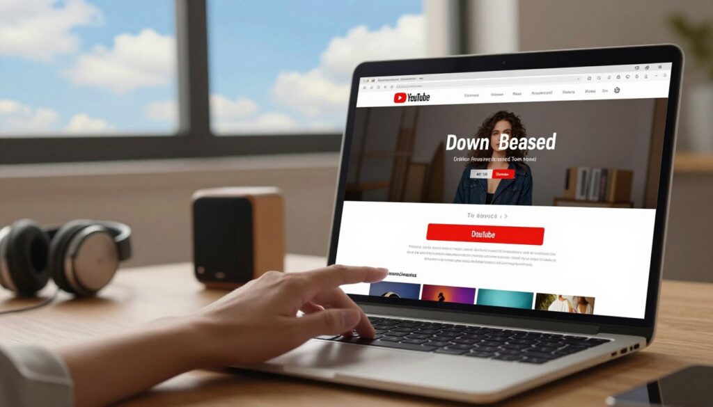 A modern, sleek workspace featuring a laptop displaying a YouTube page with a visible download button highlighted, symbolizing online music downloading. In the foreground, a hand reaching out to click the button, demonstrating user interaction. The middle section includes a cozy environment with soft, warm lighting, and a few music-themed elements like headphones and a small speaker. In the background, a window shows a bright blue sky with fluffy clouds, giving a sense of freedom and creativity. The atmosphere is inviting and modern, emphasizing the ease of downloading music through online services. The composition should be balanced, with depth created by layering elements and a slight focus on the laptop screen to draw the viewer's attention to the tutorial aspect. A modern, sleek workspace featuring a laptop displaying a YouTube page with a visible download button highlighted, symbolizing online music downloading. In the foreground, a hand reaching out to click the button, demonstrating user interaction. The middle section includes a cozy environment with soft, warm lighting, and a few music-themed elements like headphones and a small speaker. In the background, a window shows a bright blue sky with fluffy clouds, giving a sense of freedom and creativity. The atmosphere is inviting and modern, emphasizing the ease of downloading music through online services. The composition should be balanced, with depth created by layering elements and a slight focus on the laptop screen to draw the viewer's attention to the tutorial aspect.