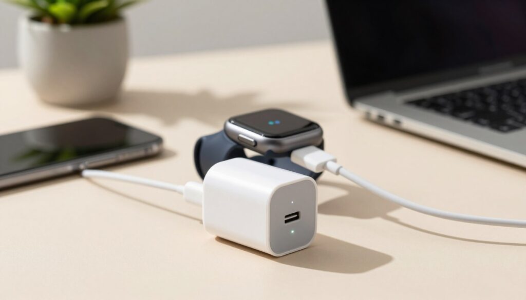 A modern smartphone charger designed for charging a smartwatch, placed prominently in the foreground. The charger has a sleek, minimalist design with a USB-C port and an LED indicator light, emphasizing its functionality. In the middle ground, a smartwatch is connected to the charger, showcasing the charging cable's attachment point. The background features a softly blurred workspace with a neutral-colored desk, a laptop, and a potted plant, creating a clean and organized atmosphere. The lighting is bright and natural, highlighting the charger and smartwatch while casting pleasant shadows. The scene conveys a sense of efficiency and innovation, perfect for illustrating how to charge a smartwatch safely without overheating.
